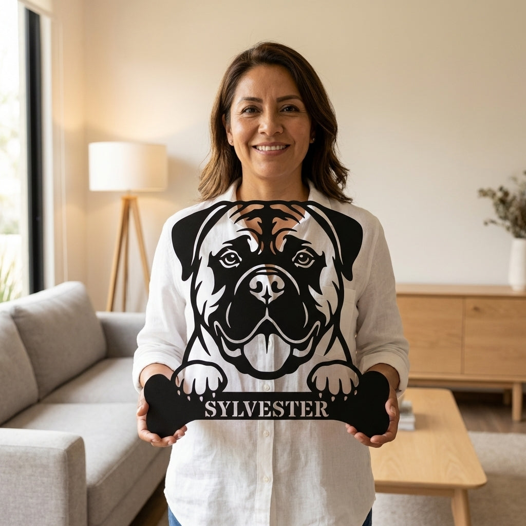 Personalized Bullmastiff Dog With Bone Metal Sign. Custom Funny Dog Name Decor