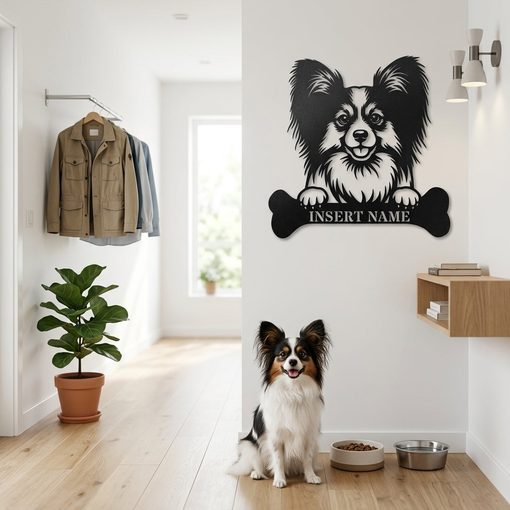 Personalized Papillon With Bone Name Metal Sign. Funny Custom Dog Wall Decor Gift