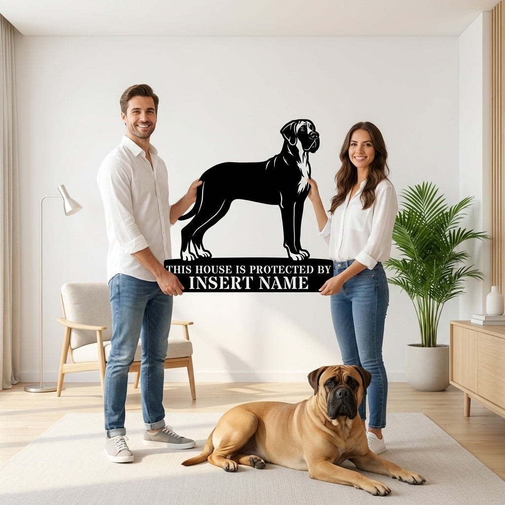 Personalized Bullmastiff Dog Guard Metal Sign. Custom Dog Name Wall Decor