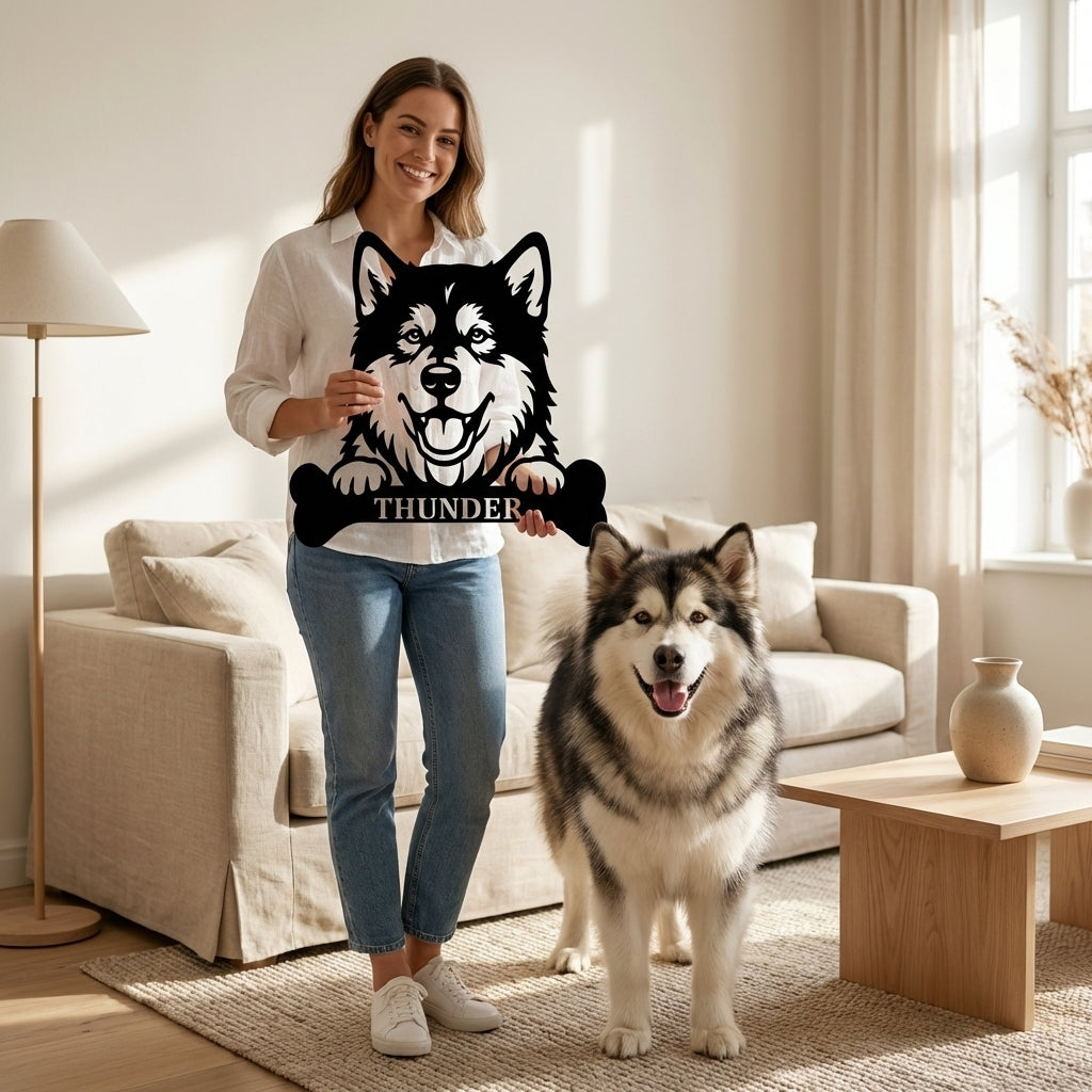 Personalized Alaskan Malamute With Bone Name Metal Sign