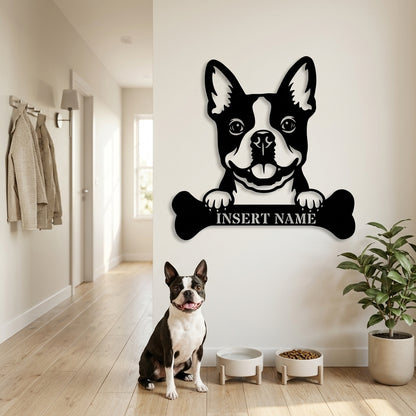Personalized Boston Terrier With Bone Metal Sign. Custom Funny Dog Name Decor