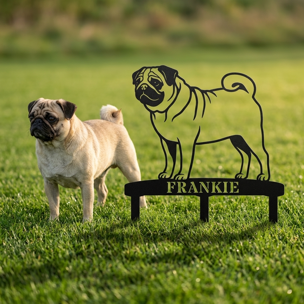 Personalized Pug Garden Metal Sign With Stakes. Custom Dog Name Remembrance Gift