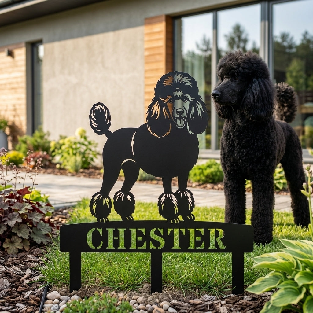Poodle Personalized  Garden Metal Sign With Stakes. Custom Dog Name Gift
