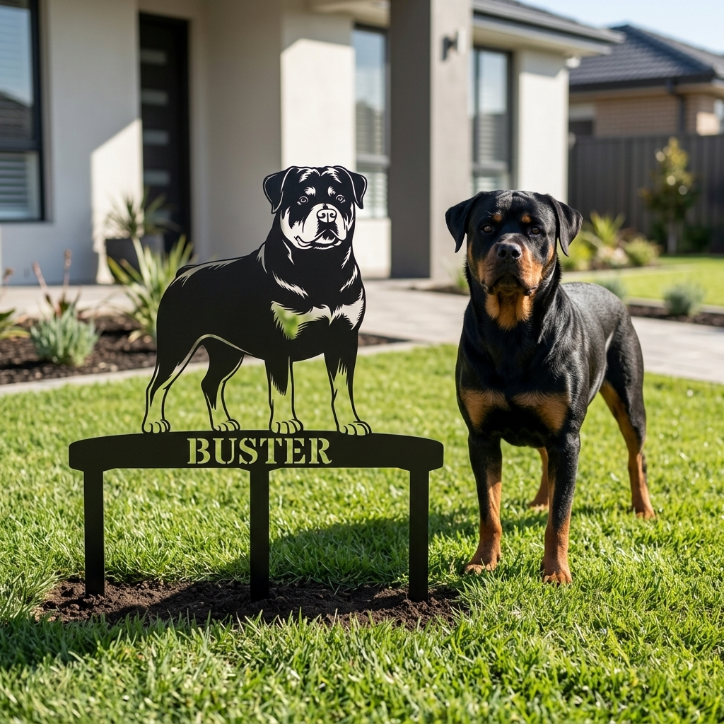 Personalized Rottweiler Garden Metal Sign With Stakes. Custom Dog Name Remembrance Gift