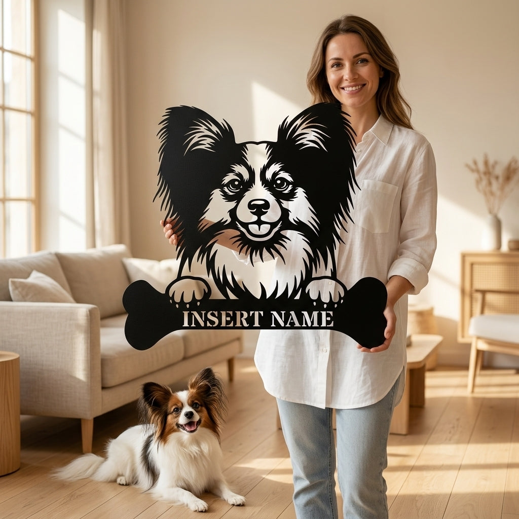 Personalized Papillon With Bone Name Metal Sign. Funny Custom Dog Wall Decor Gift