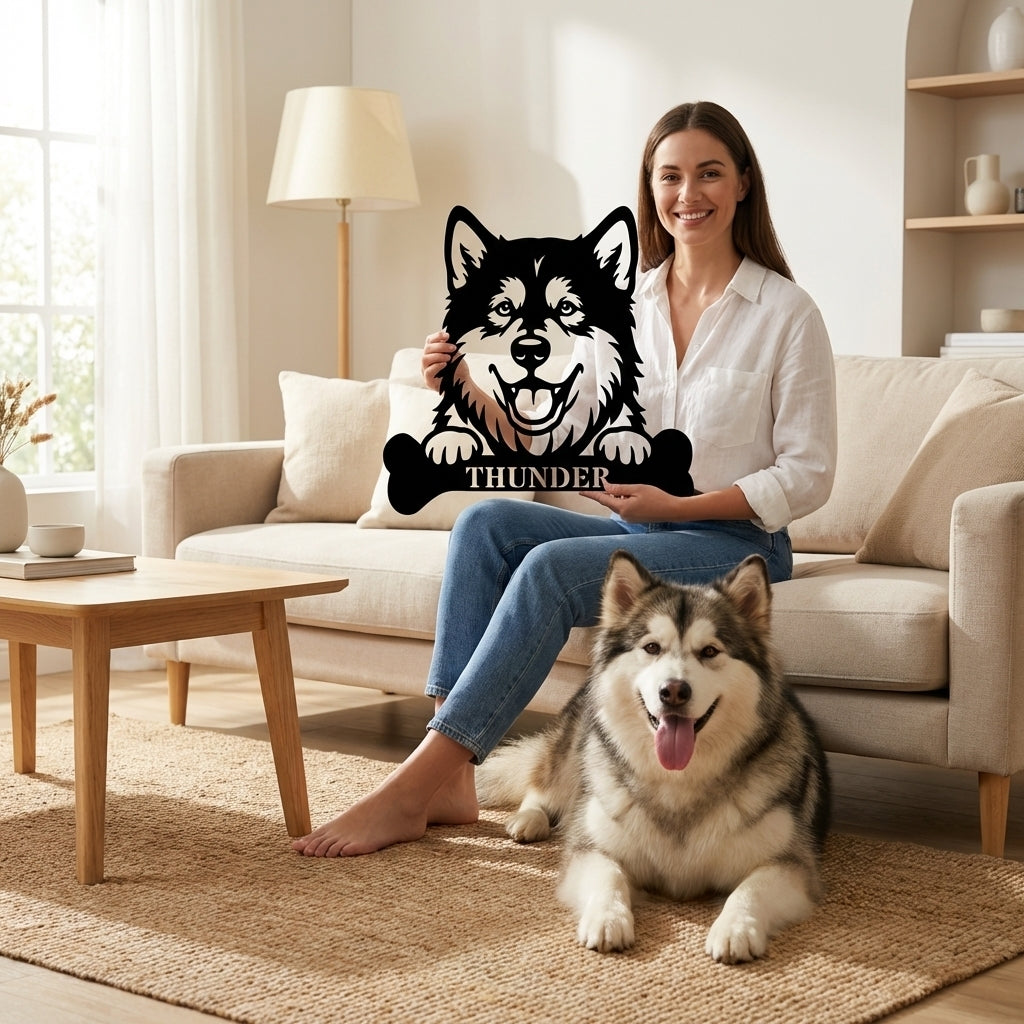 Personalized Alaskan Malamute With Bone Name Metal Sign