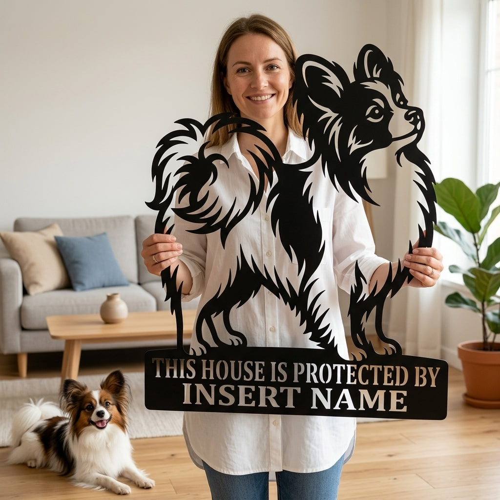 Personalized Papillon Dog Guard Metal Sign. Custom Dog Protect Name Wall Decor