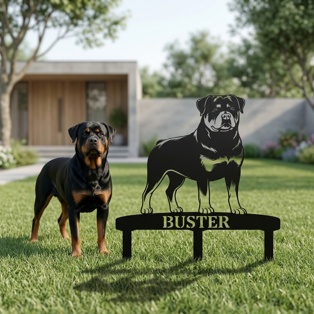 Personalized Rottweiler Garden Metal Sign With Stakes. Custom Dog Name Remembrance Gift