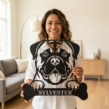 Personalized Bullmastiff Dog With Bone Metal Sign. Custom Funny Dog Name Decor