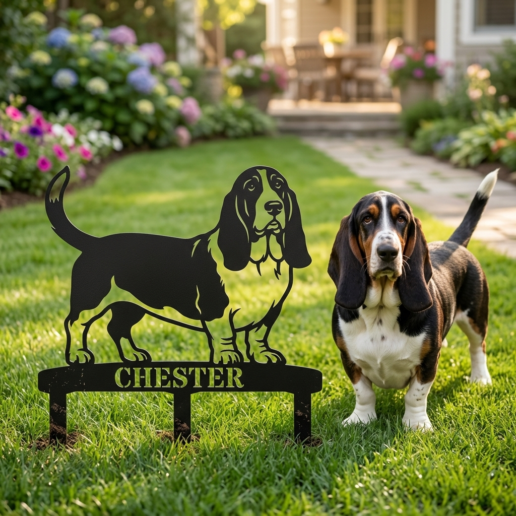 Personalized Basset Hound Garden Metal Sign With Stakes. Custom Dog Plaque Name Gift