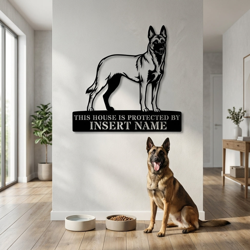 Personalized Belgian Shepherd Guard Metal Sign. Custom Dog Name Wall Decor