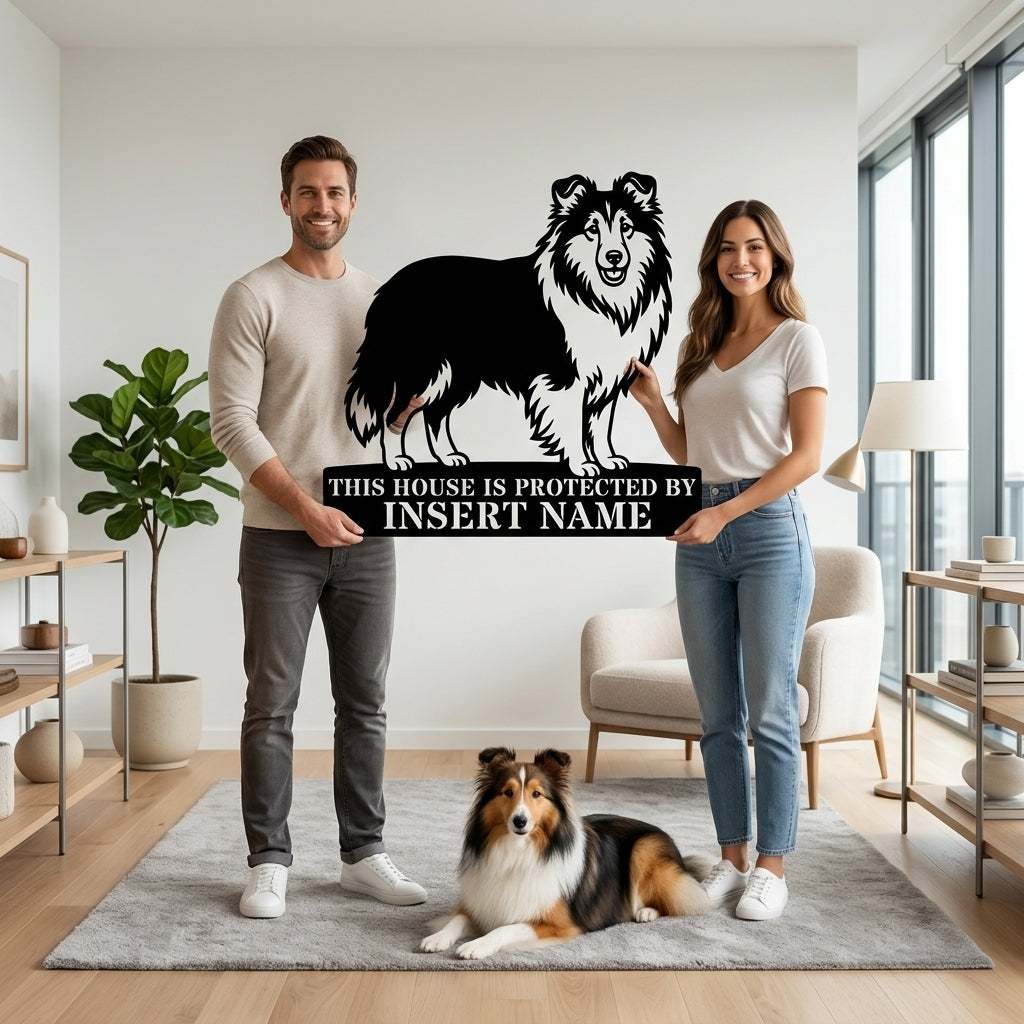 Personalized Shetland Sheepdog Guard Metal Sign. Custom Dog Protect Name Wall Decor
