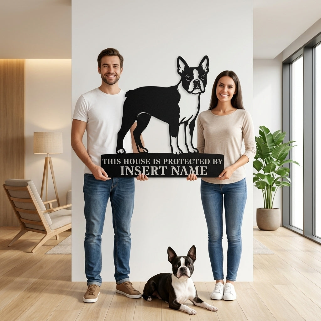 Personalized Boston Terrier Guard Metal Sign. Custom Dog Protect Name Wall Decor