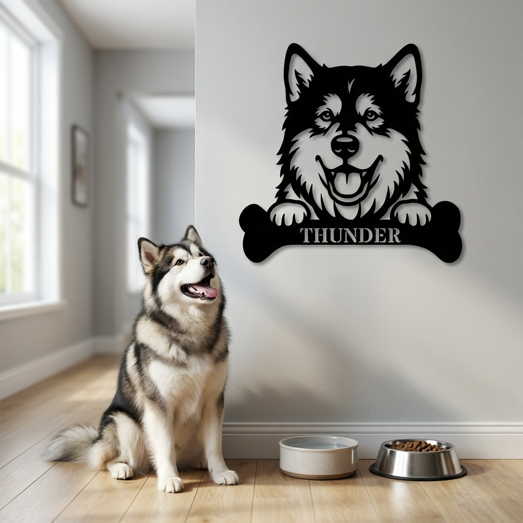 Personalized Alaskan Malamute With Bone Name Metal Sign