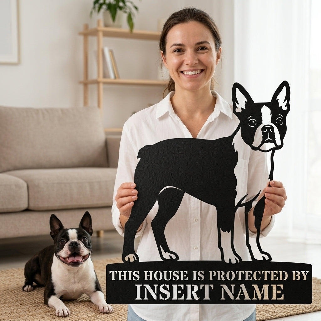 Personalized Boston Terrier Guard Metal Sign. Custom Dog Protect Name Wall Decor