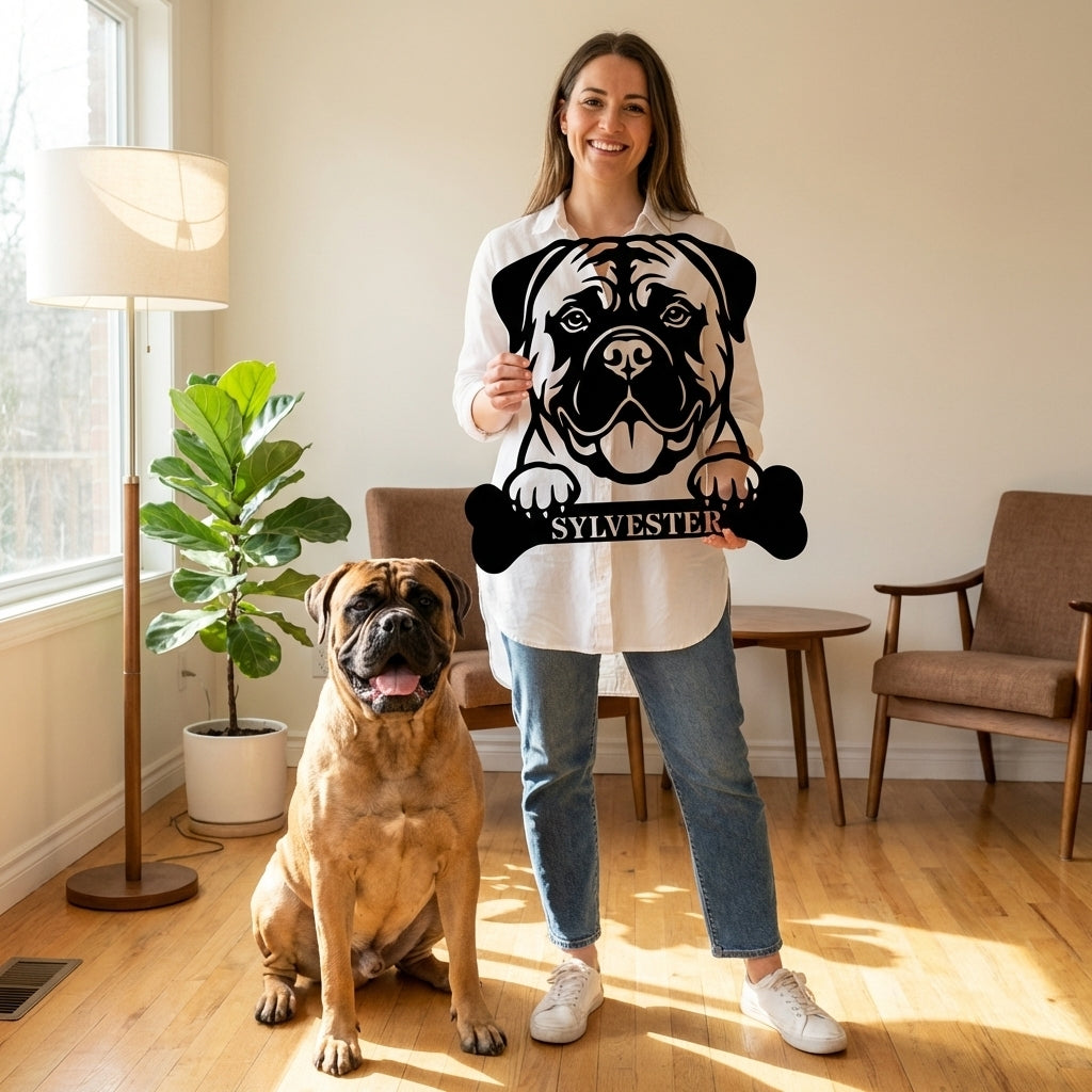 Personalized Bullmastiff Dog With Bone Metal Sign. Custom Funny Dog Name Decor