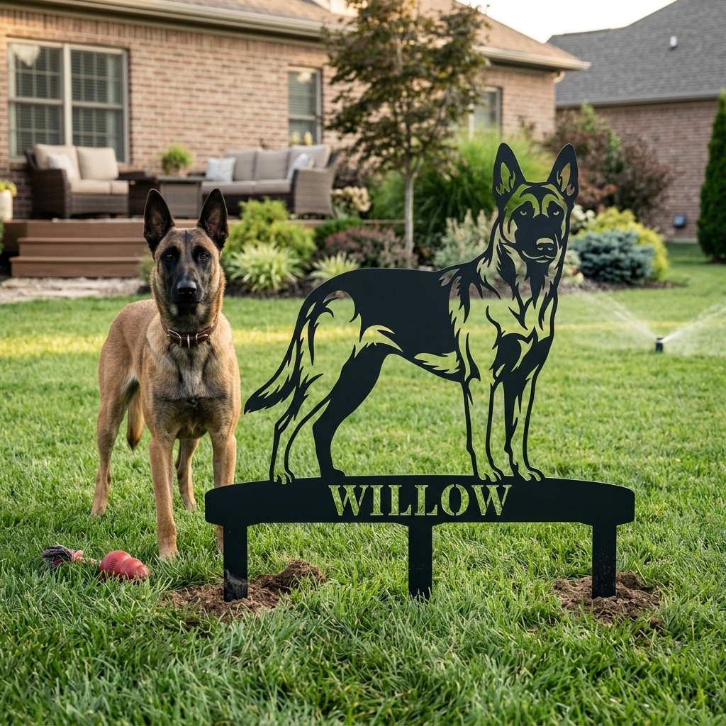 Personalized Belgian Malinois Garden Metal Sign With Stakes. Custom Dog Name Gift
