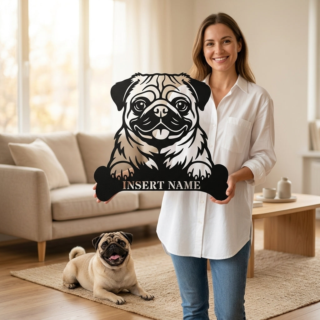 Personalized Pug With Bone Name Metal Sign. Custom Funny Dog Decor