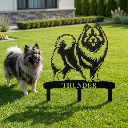 Personalized Keeshond Garden Metal Sign With Stakes. Custom Dog Lover Name Gift