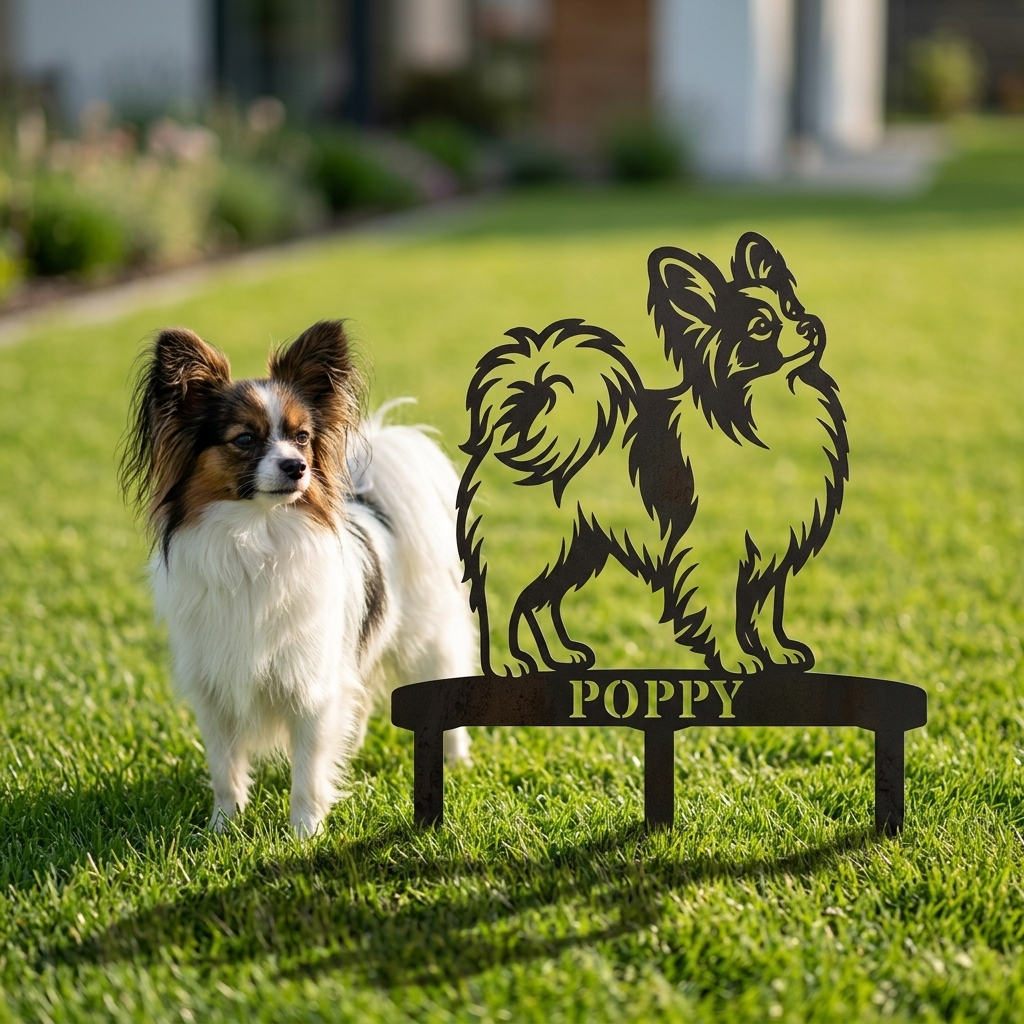 Personalized Papillon Garden Metal Sign With Stakes. Custom Dog Name Yard Decor