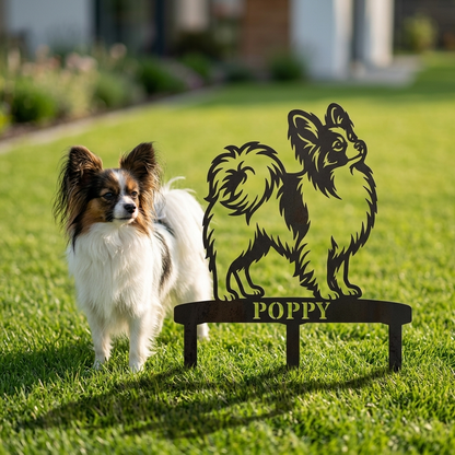 Personalized Papillon Garden Metal Sign With Stakes. Custom Dog Name Yard Decor