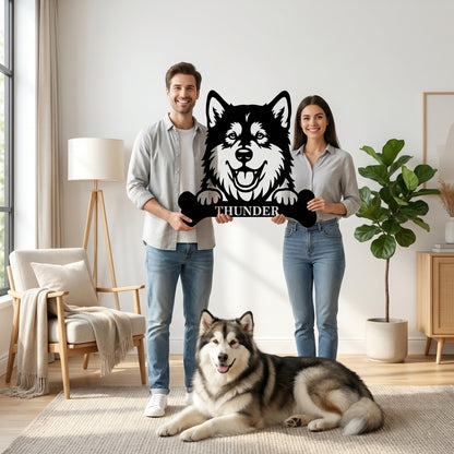 Personalized Alaskan Malamute With Bone Name Metal Sign