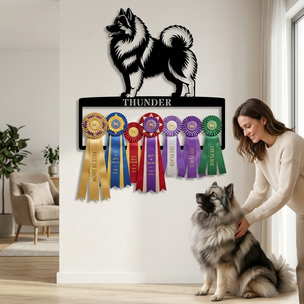 Personalized Keeshond Rosette Metal Sign Display. Custom Wolfspitz Champion Wall Decor.