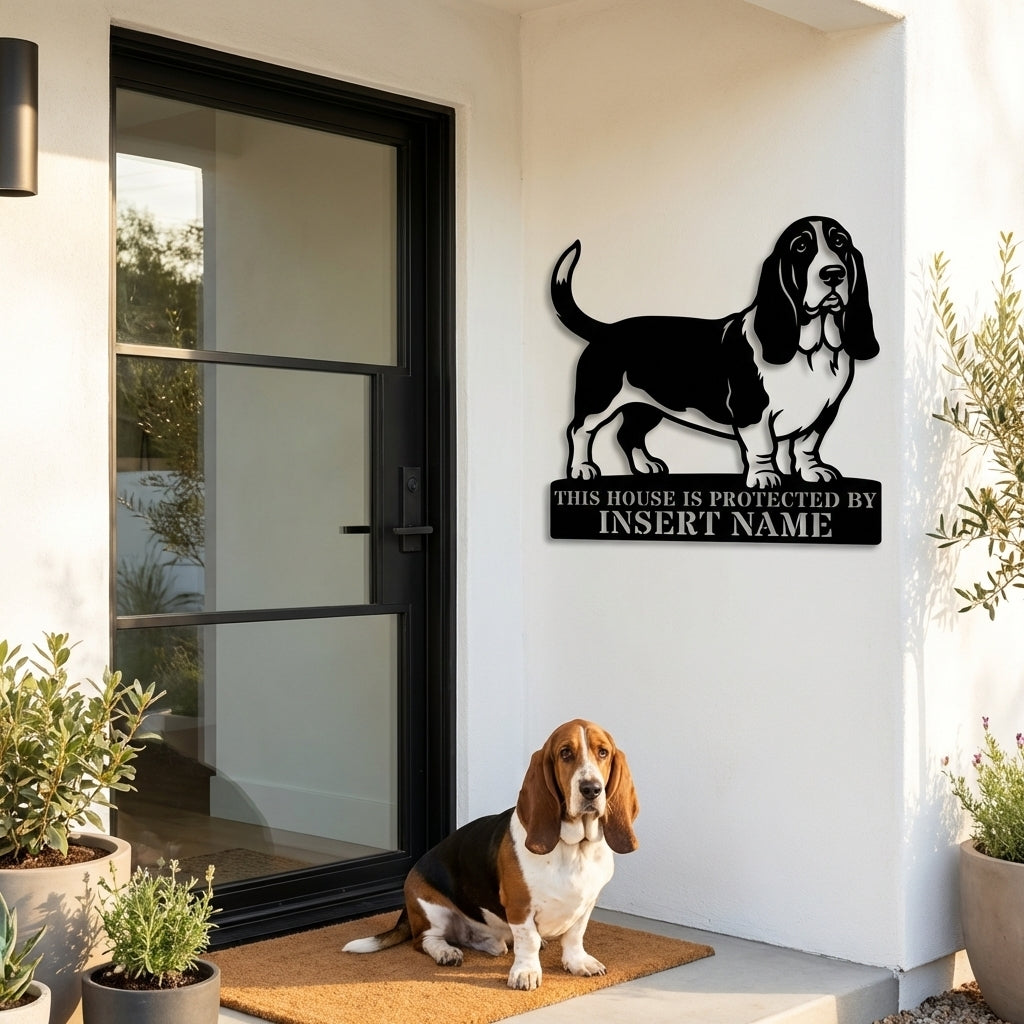 Personalized Basset Hound Guard Metal Sign. Custom Dog Name Wall Decor
