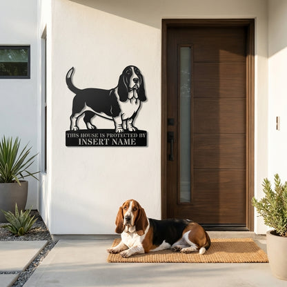 Personalized Basset Hound Guard Metal Sign. Custom Dog Name Wall Decor