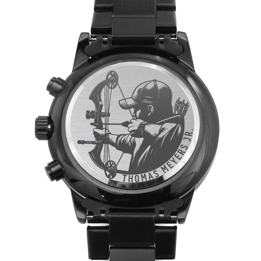 Personalized Bow Hunting Metal Wristwatch. Custom Archery Mens Gift