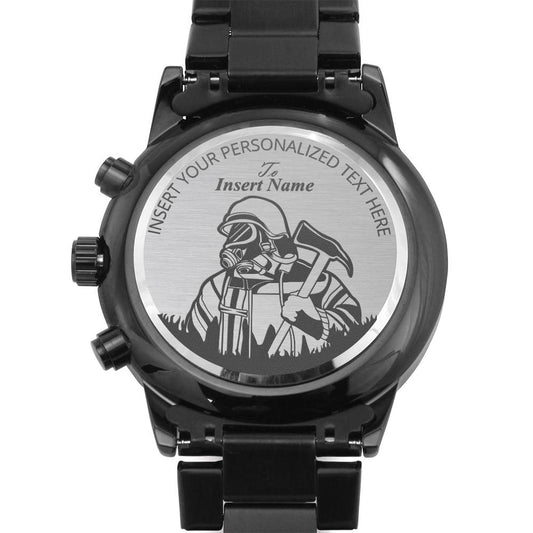 Personalized Fireman And Axe Laser-Engraved Metal Watch. Custom Mens Wristwatch. First Responder Gift. Fathers Day. Firefighter Volunteer