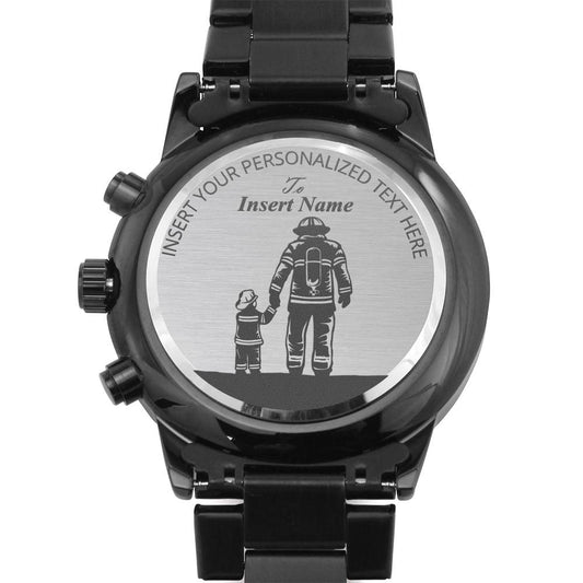 Personalized Firefighter Dad Laser-Engraved Metal Watch Gift. Custom Mens Wristwatch