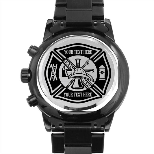 Personalized Firefighter Metal Watch. Laser Engraved Jewelry Gift For Fireman. Customized Maltese Cross Name Watch. Firefighter Volunteer