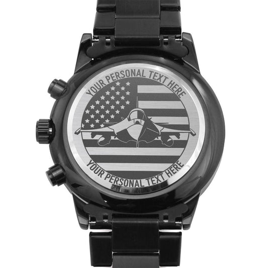 Personalized Patriotic US Fighter Pilot Metal Watch Gift. Custom American Jet Fighter Pilot Mens Wristwatch. Laser-engraved Air Force Gift