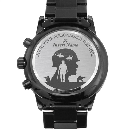 Personalized Army Soldiers Silhouette Name Metal Watch. Customizable Veteran Men's Wristwatch. Laser Engraved Name Gift For American Veteran