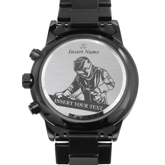 Personalized Welder Laser-Engraved Metal Watch. Custom Iron Worker Gift For Him. Laser-Engraved Welder Wristwatch. Metal Fabricator Present