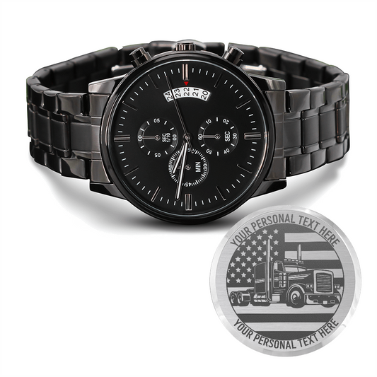 Personalized Laser-Engraved Patriotic US Trucker Metal Wristwatch. Custom Truck Driver Gift