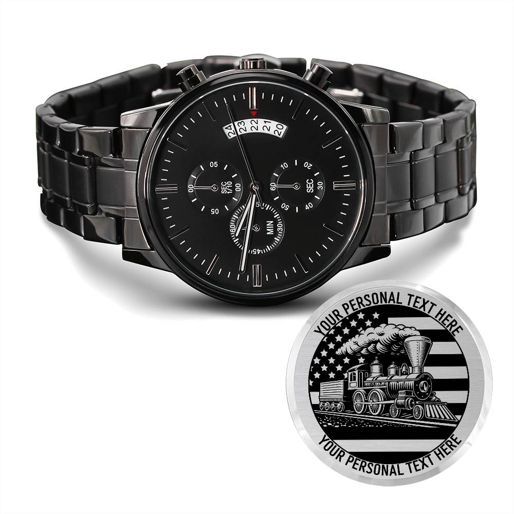 Personalized American Railroad Metal Watch Gift. Laser Engraved Steamtrain Operator Gift. Customizable Train Lover Wristwatch. Vintage Steamtrain Design Watch. American Railroad Memorabilia Timepiece. Personalized American Railroad Metal Watch Gift