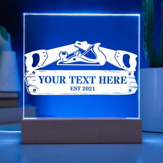 Personalized Carpenter Saw & Plane LED Acrylic Sign. Custom Woodworker Color Plaque Gift