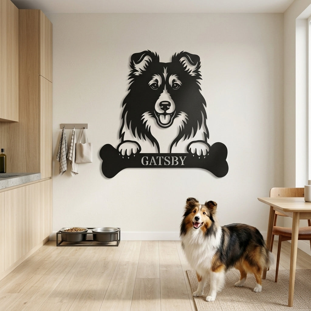 Personalized Shetland Sheepdog Bone Name Metal Sign. Funny Custom Dog Wall Decor Gift