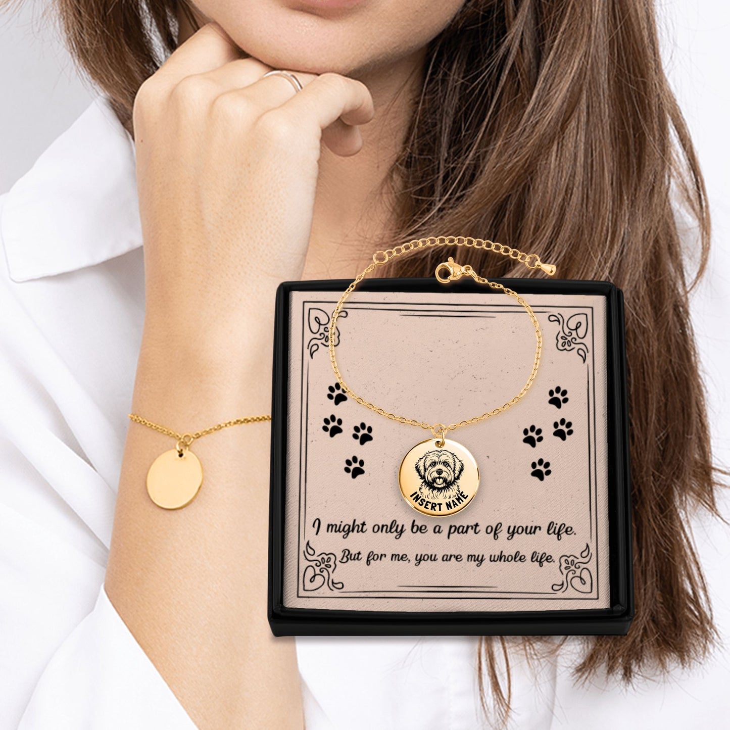 Personalized Coton de Tulear engraved bracelet with jewelry gift box and message card