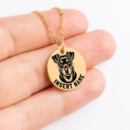 Personalized engraved Rat Terrier Dog gold necklace in jewelry box with loving message card..