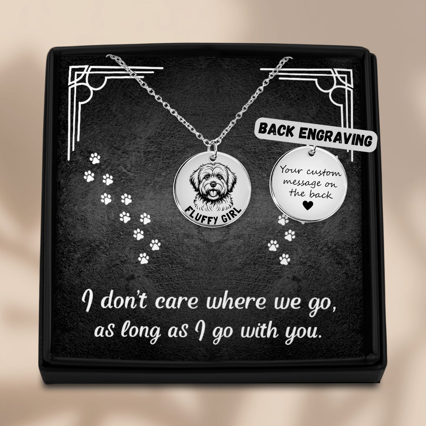 Personalized engraved Coton De Tulear necklace in a jewelry box with a sweet message card