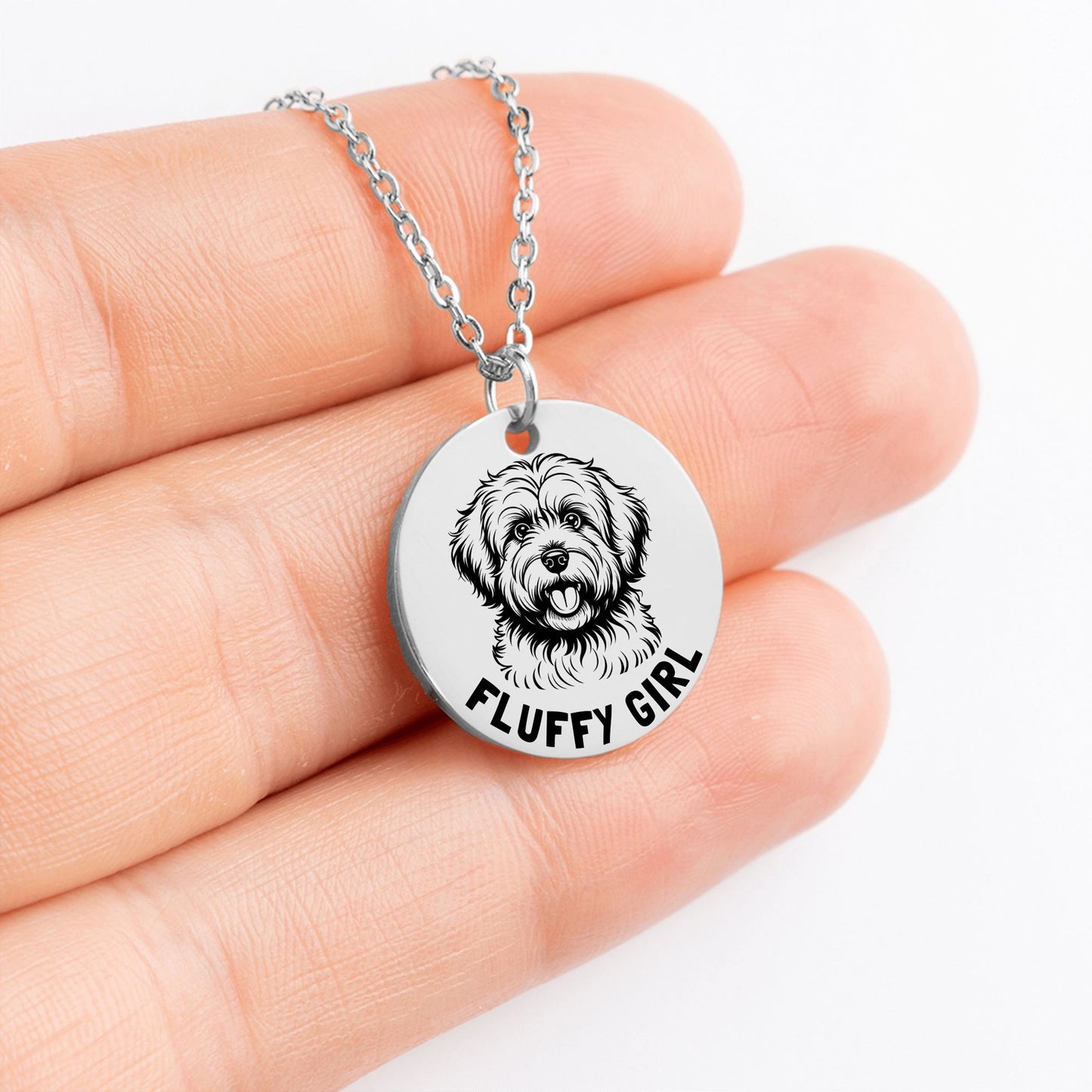 Personalized engraved Coton De Tulear necklace in a jewelry box with a sweet message card