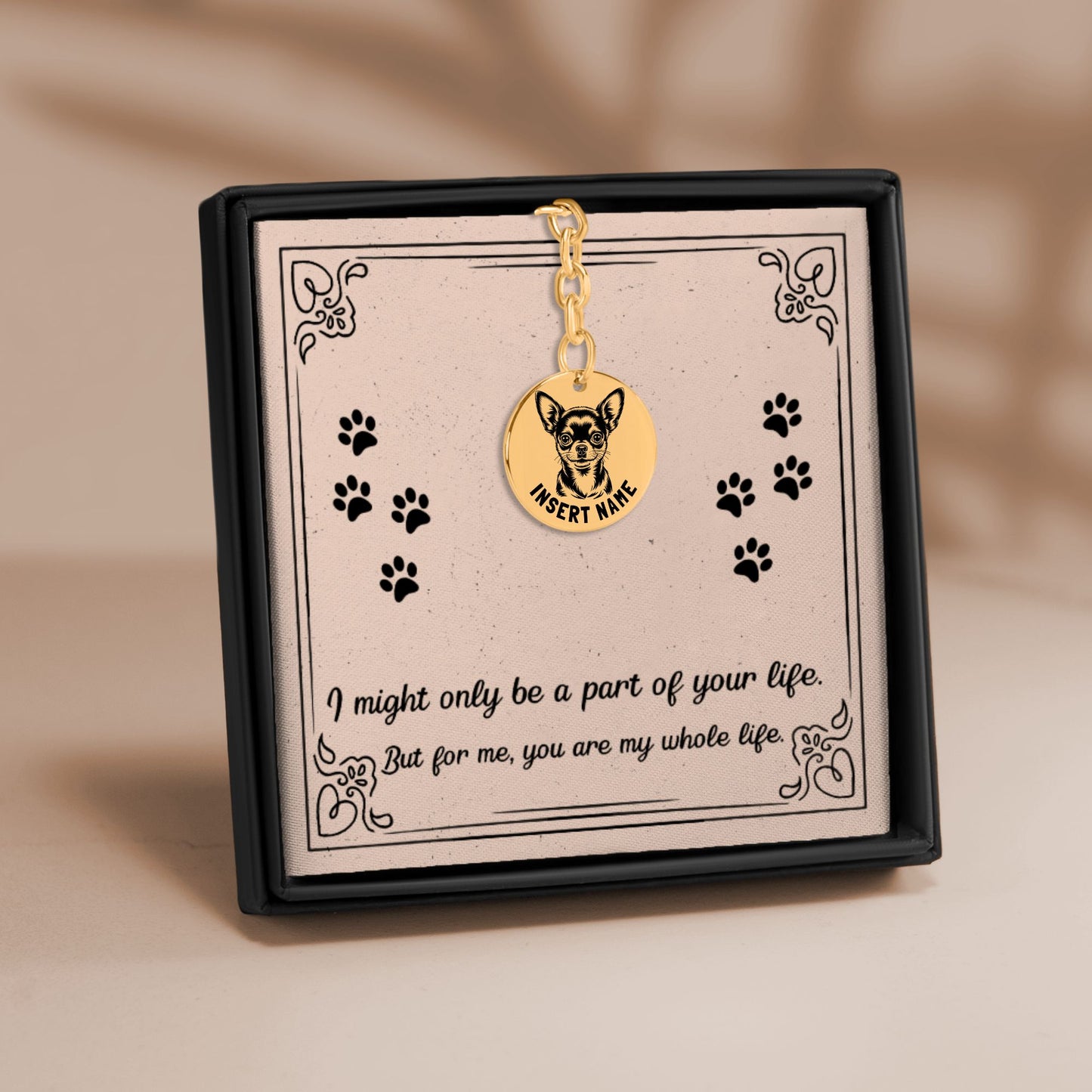 Personalized Chihuahua engraved keychain in jewelry box with message card