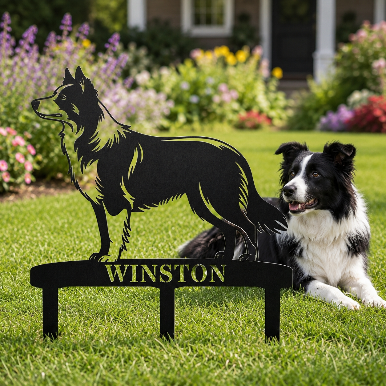 Personalized Border Collie Garden Metal Sign With Stakes. Custom Dog Lover Name Gift