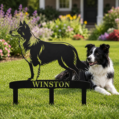 Personalized Border Collie Garden Metal Sign With Stakes. Custom Dog Lover Name Gift