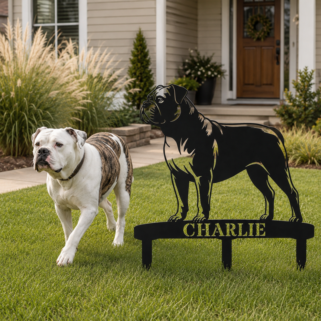 Personalized American Bulldog Garden Metal Sign With Stakes. Custom Dog Lover Name Gift