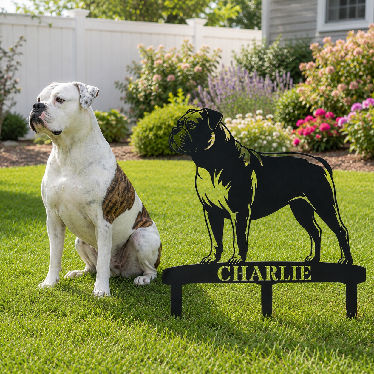 Personalized American Bulldog Garden Metal Sign With Stakes. Custom Dog Lover Name Gift