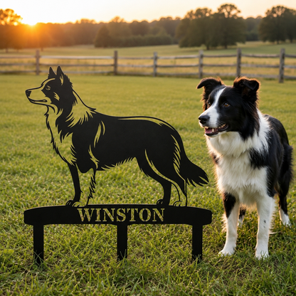 Personalized Border Collie Garden Metal Sign With Stakes. Custom Dog Lover Name Gift